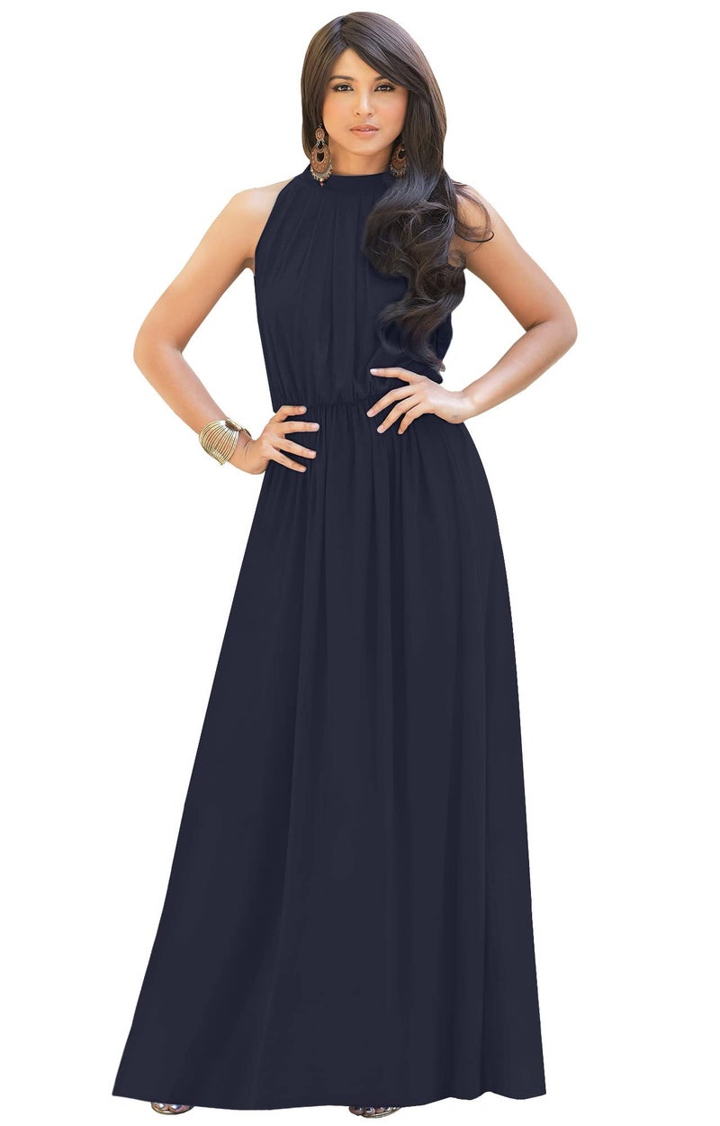 KOH KOH Womens Long Sleeveless Bridesmaid Halter Neck Wedding Party Guest Flowy Slimming Semi Formal Elegant Gala Ball Evening A-line Tall Gown Maxi Dress, Navy Blue L 12-14 - Image 1